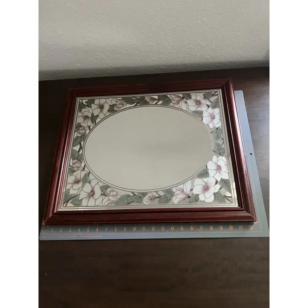 Vtg Romantic Etched Floral Flower Magnolia Oval Mirror Wood Frame Granny Retro